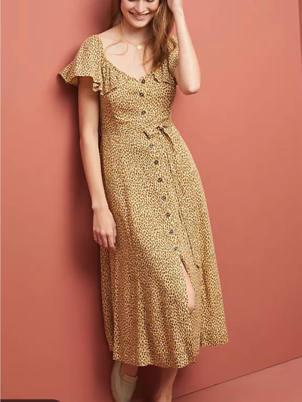 Anthropologie Leopard-Print Button Midi Dress with Tie Waist size 6